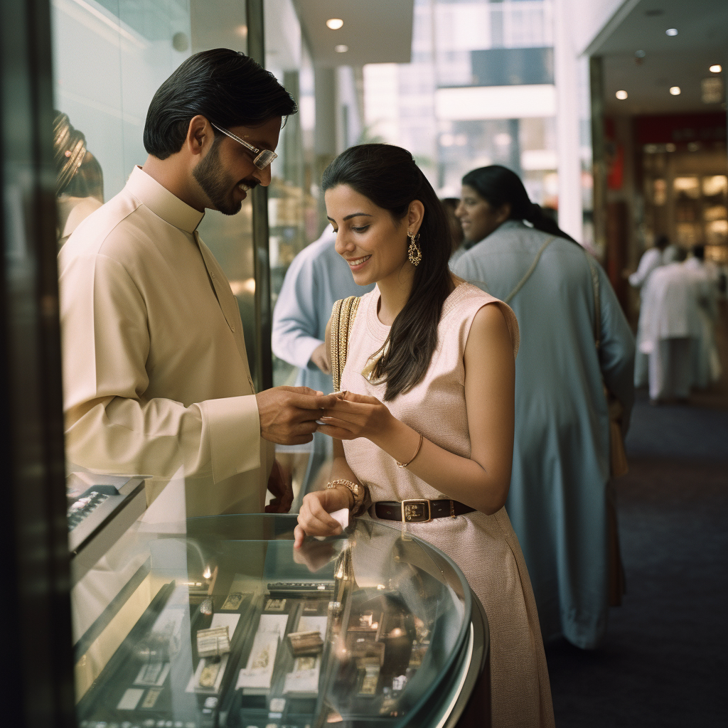 Indian couple shopping for jewelry in Dubai