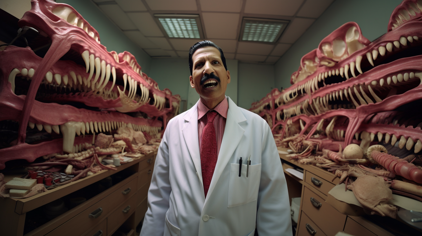 Indian doctor with life size teeth and gum in lab