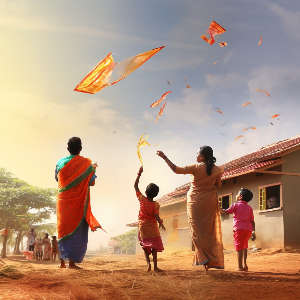 Indian family flying kites, Makar Sankranti celebration