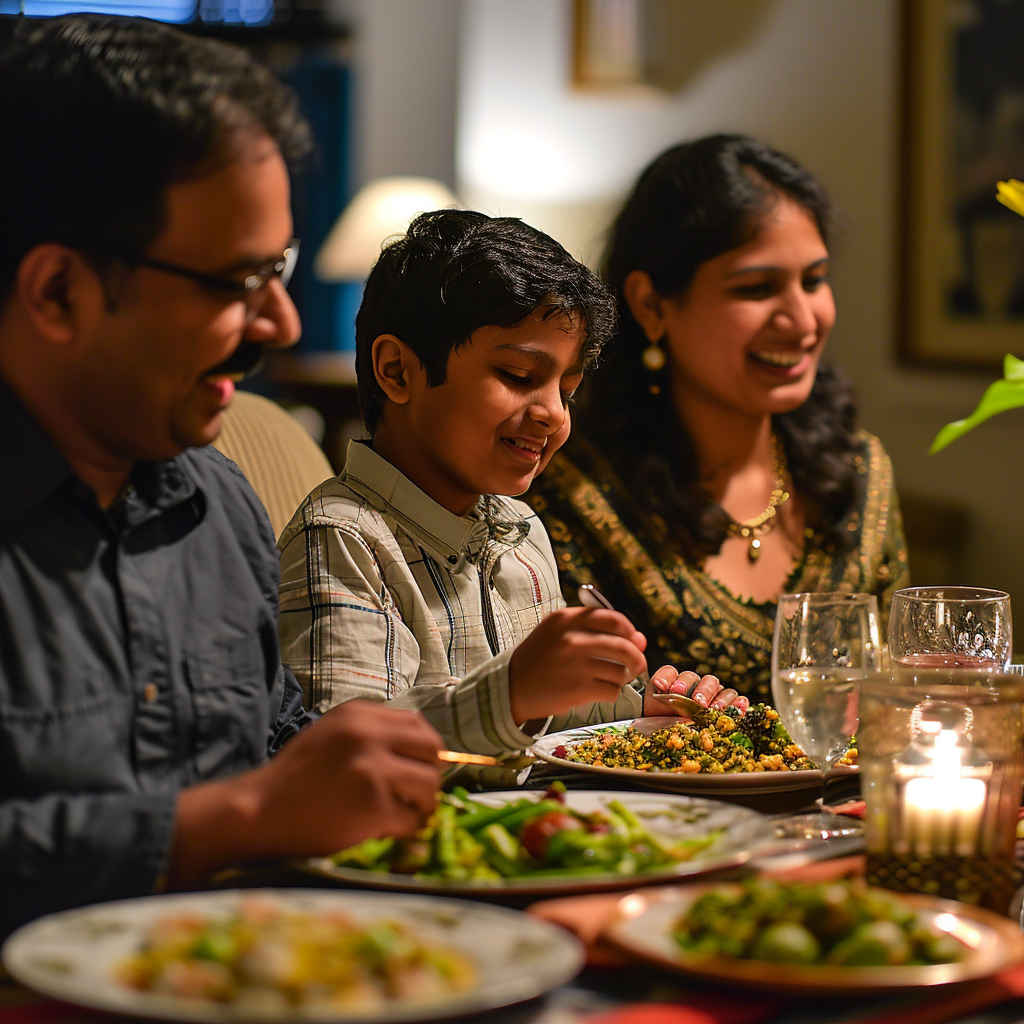 Indian family enjoying dinner in NYC