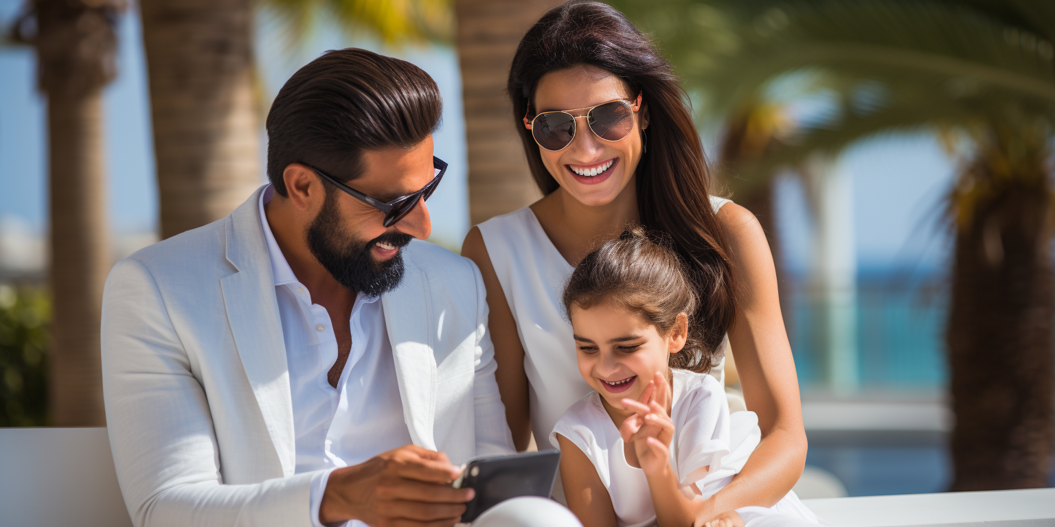 Happy Indian family waving on a bench