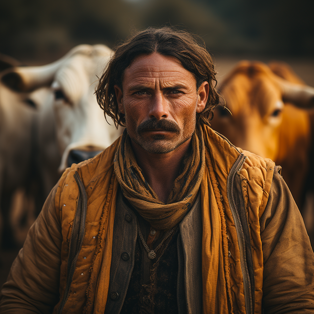 Indian farmer posing with bullock on farm