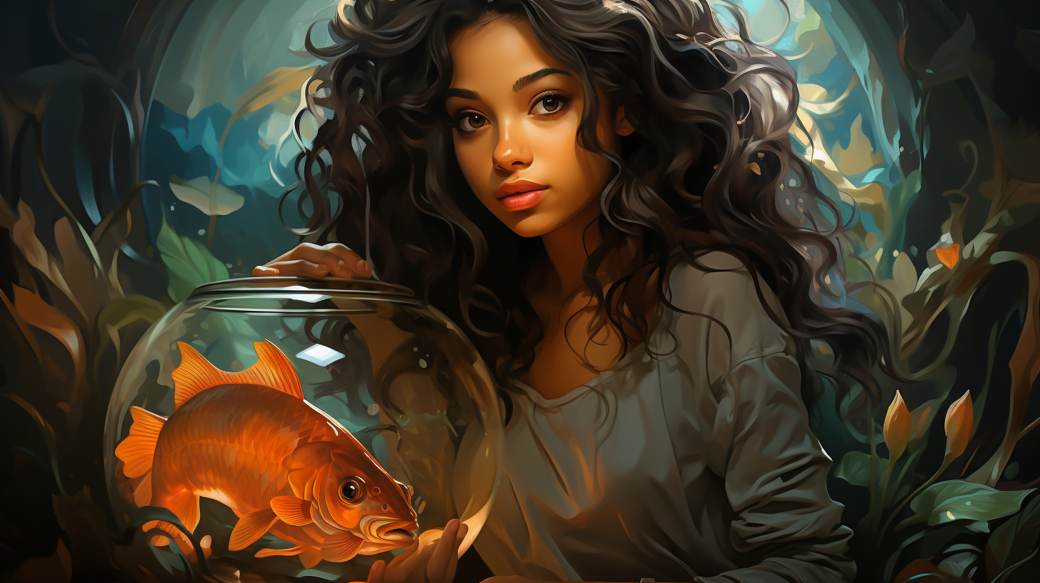 Indian girl with two goldfish in fish bowl