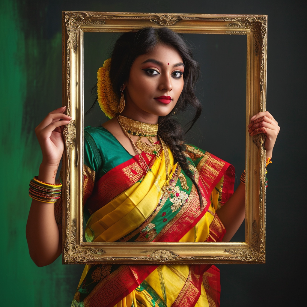 Indian girl holding picture frame mockup