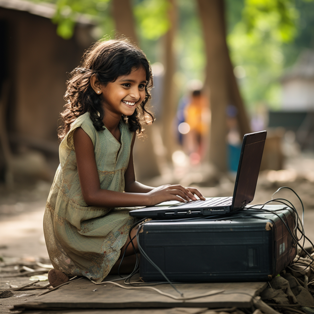 Indian girl using laptop in rural school