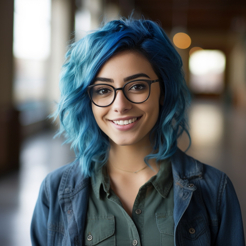 Indian graduate student with blue hair and glasses