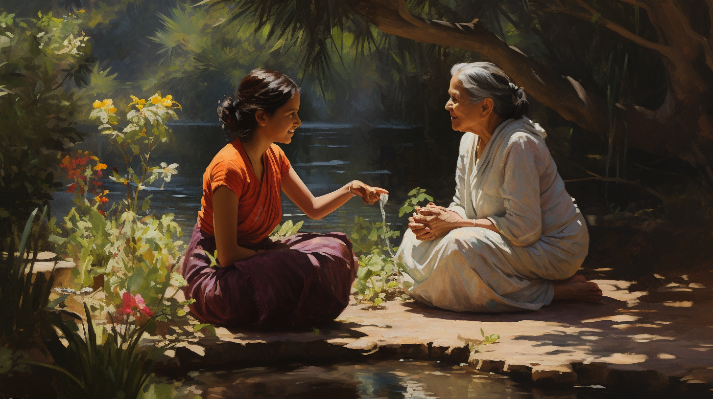 Indian grandmother and granddaughter talking in garden