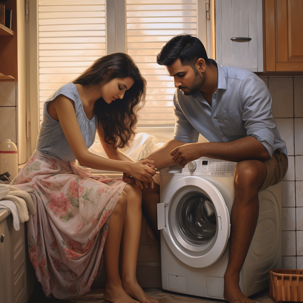 Indian husband washing clothes, wife evaluating his work