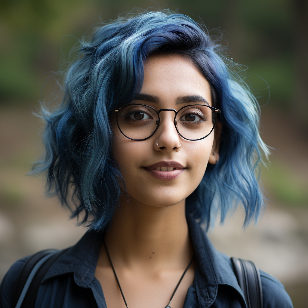 Indian student with blue hair studying