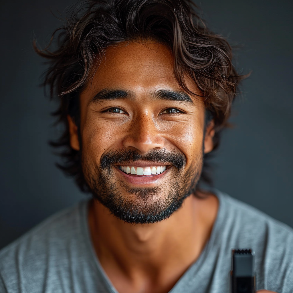 Indian male holding electric razor smiling