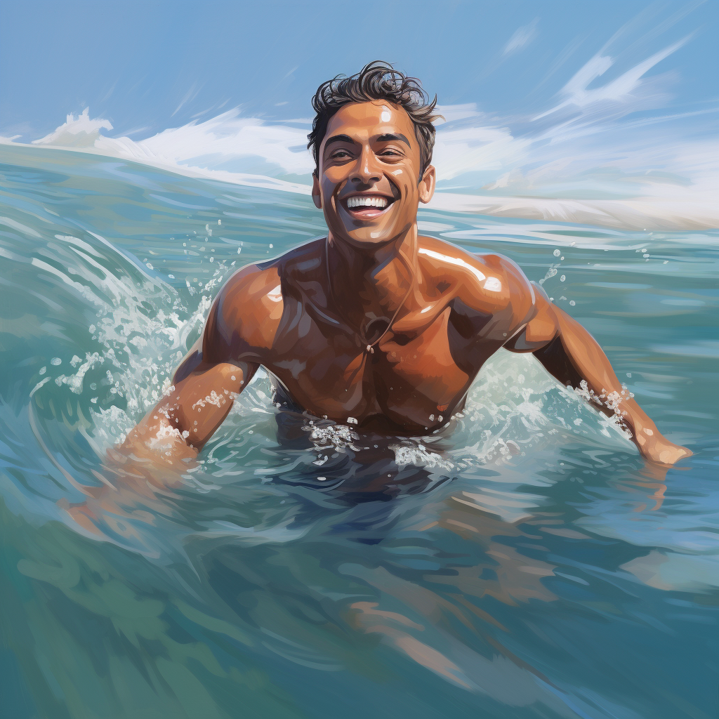 Indian male swimming in ocean