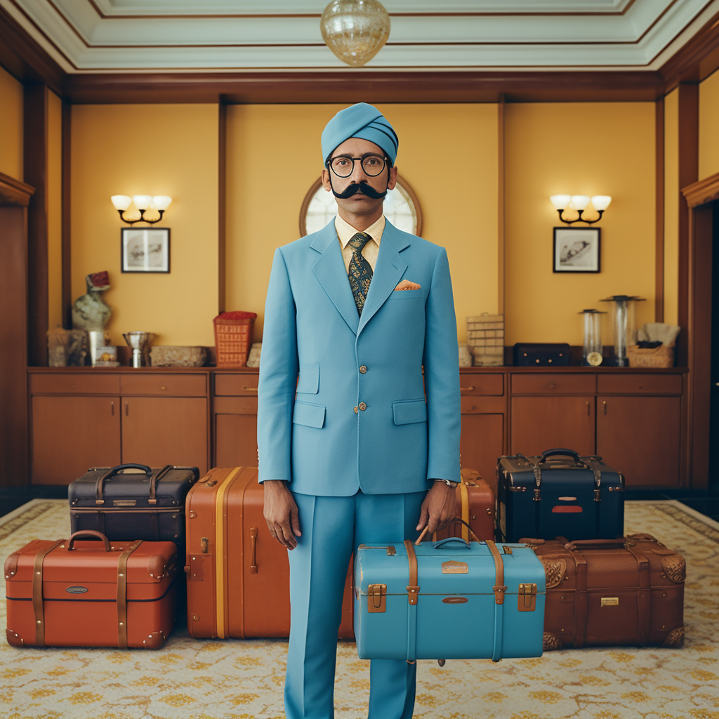 Indian man in blue suit with luggage in hotel lobby