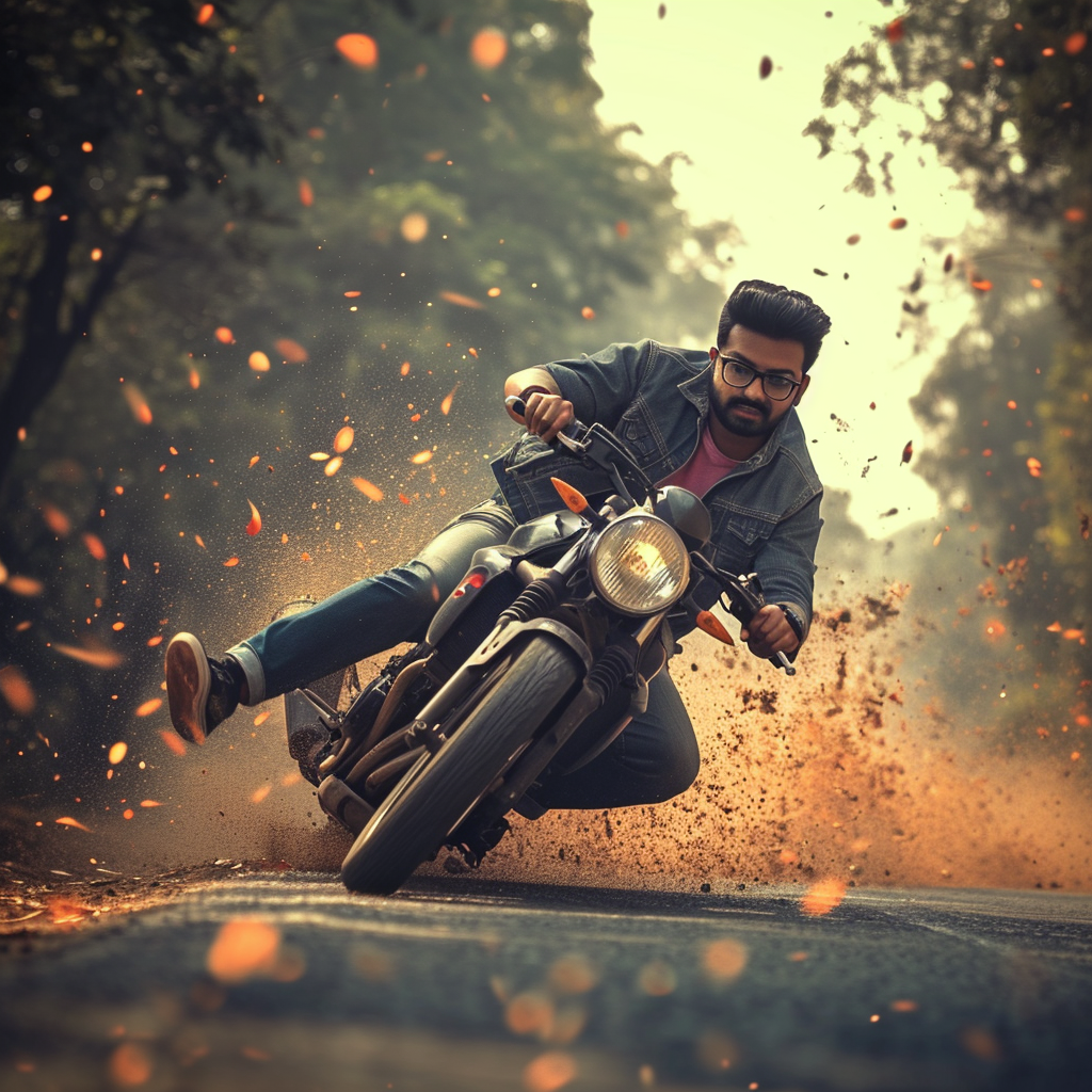 Indian man falling from motorbike, rear view