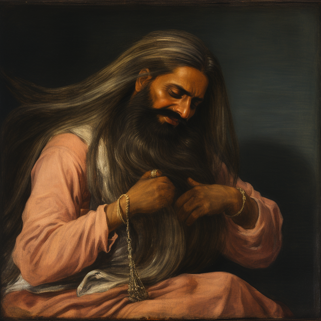 Indian man with long hair and beard picking his hair