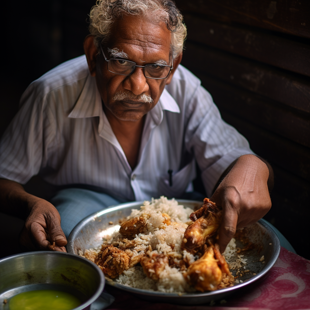 Indian man serving chicken biriyani dish