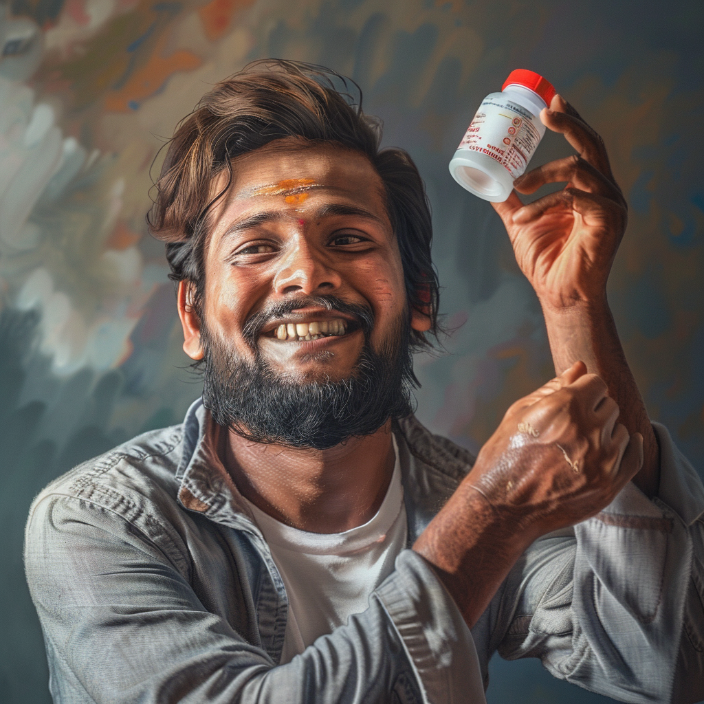 Handsome Indian man holding supplement bottle