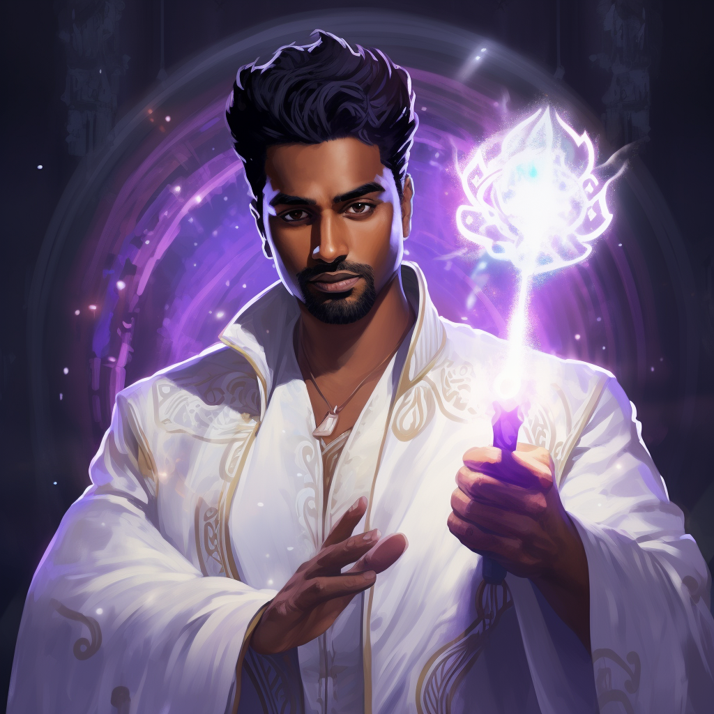 Indian man wearing white robes with glowing glyphs