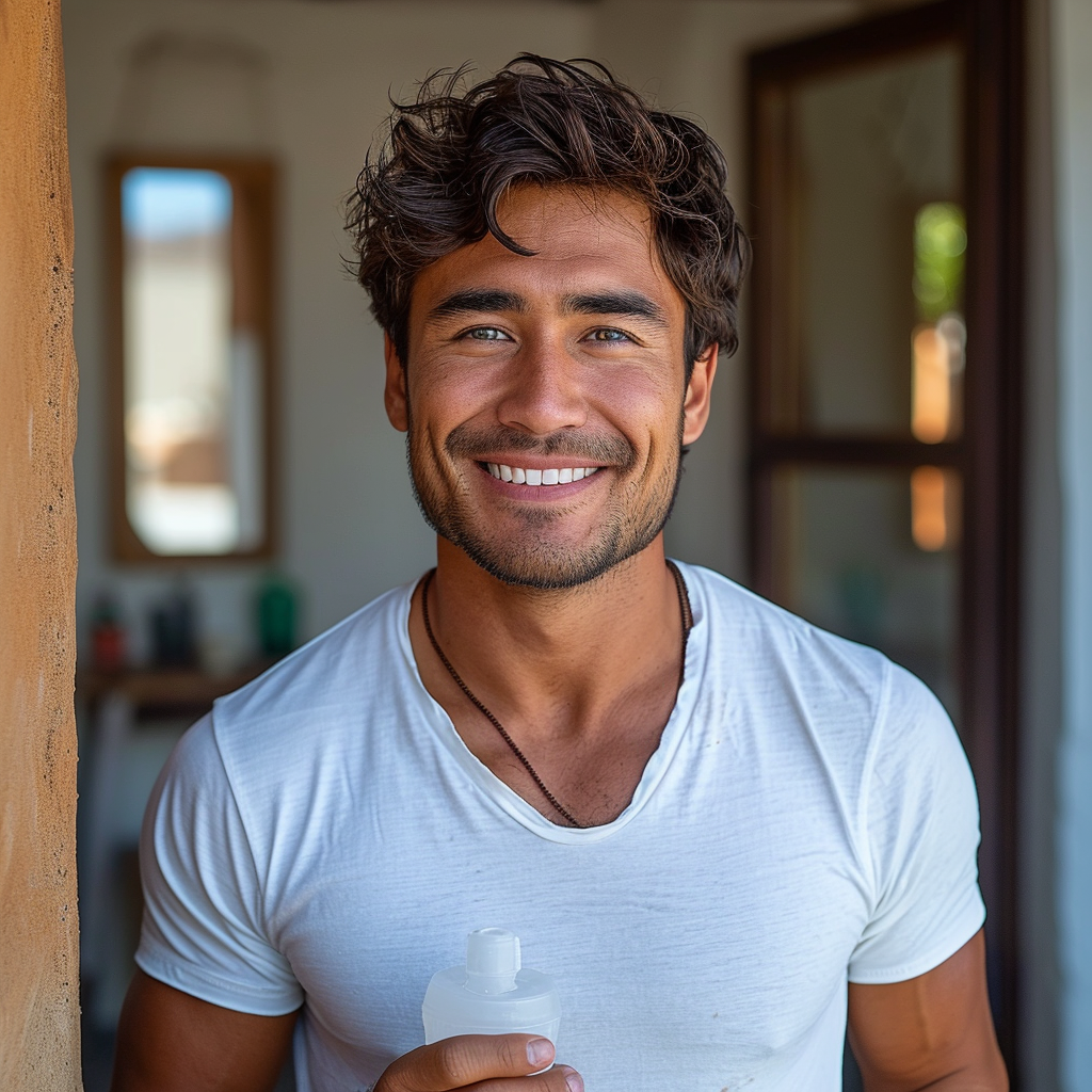 Indian man with white t-shirt and tube, smiling