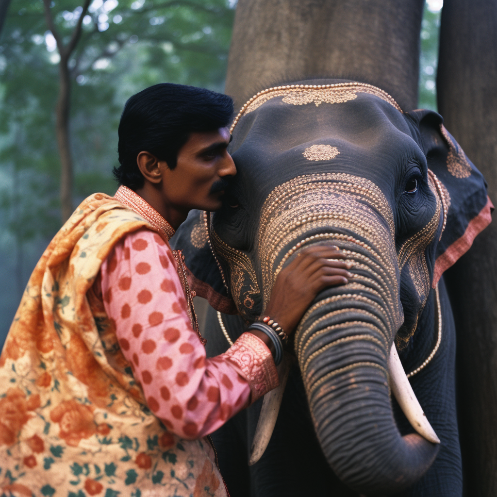 Romantic Indian couple kissing an elephant trunk