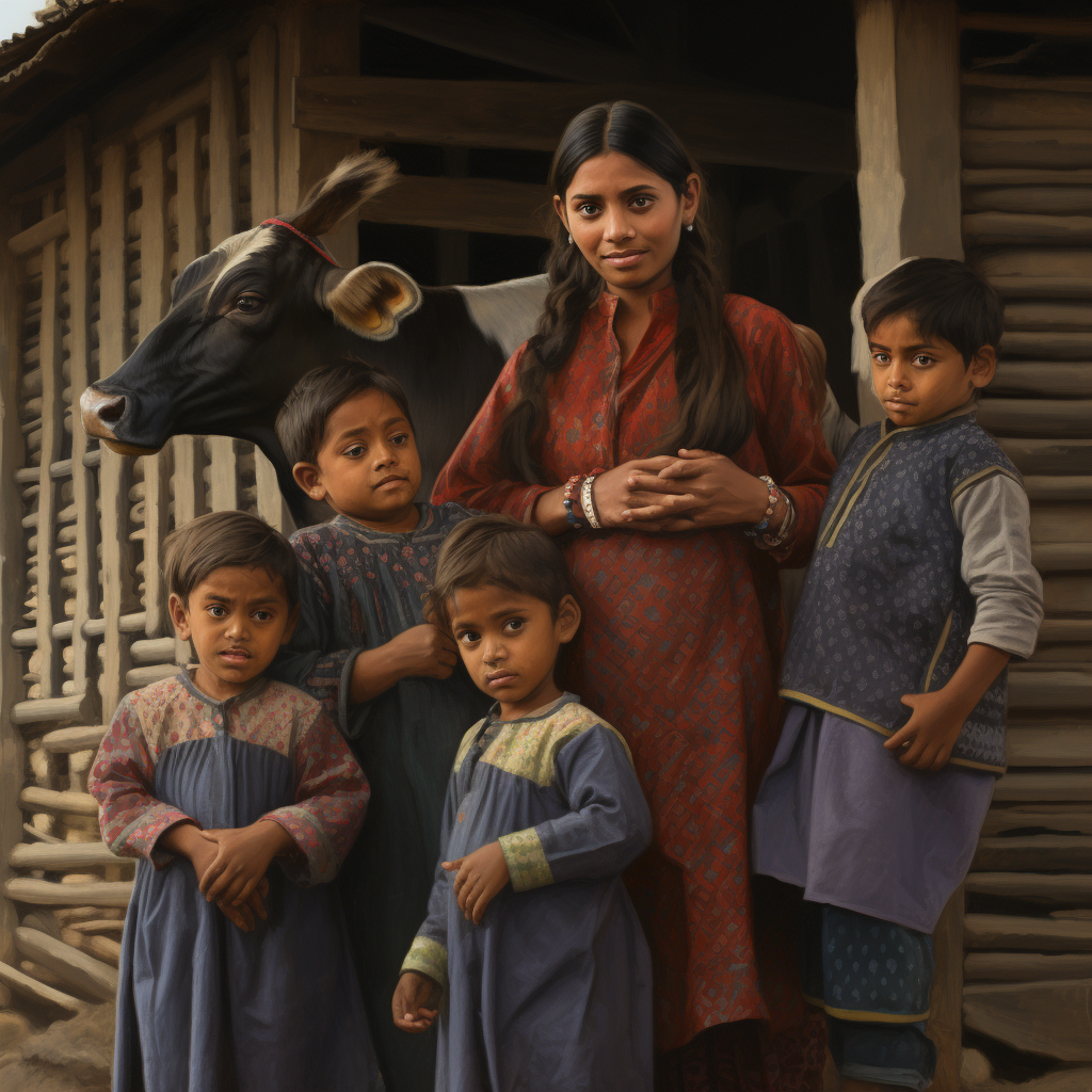 Indian mother with her five children in front of cow barns