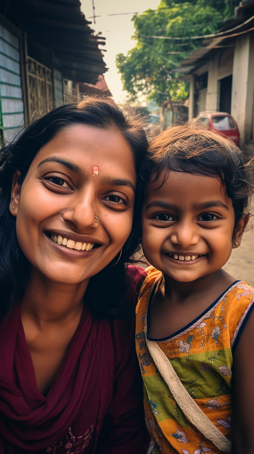 Indian mother and daughter smiling in summer clothes