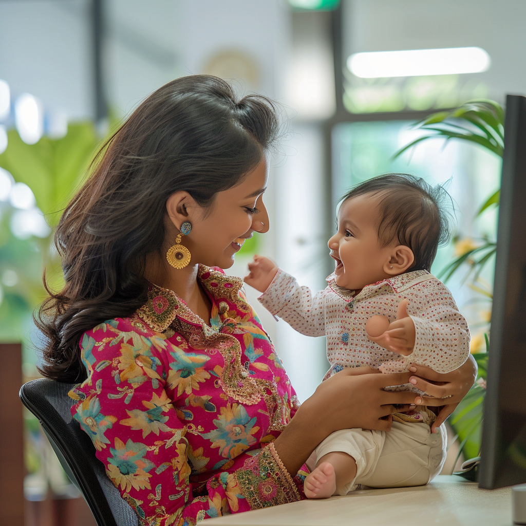 Indian mother playing with baby at office