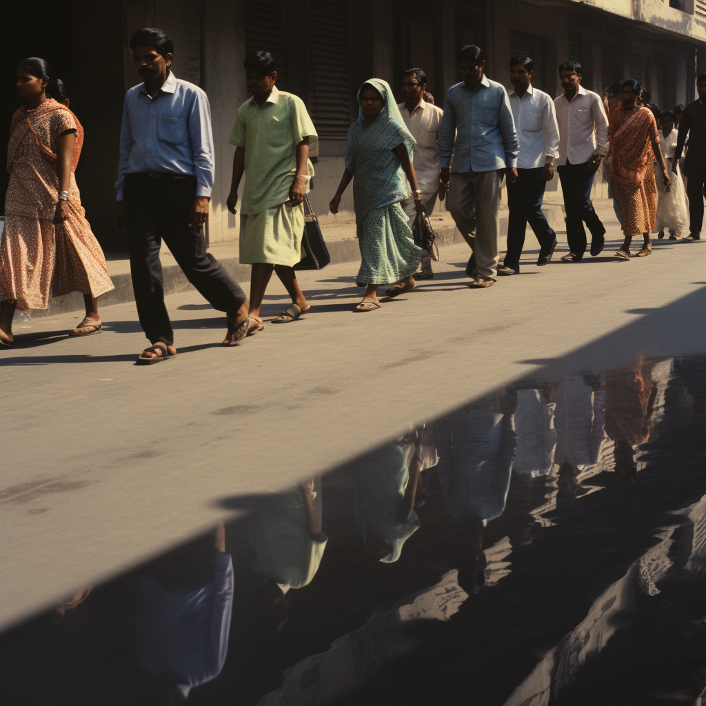 Indian people walking crossing street lateral view