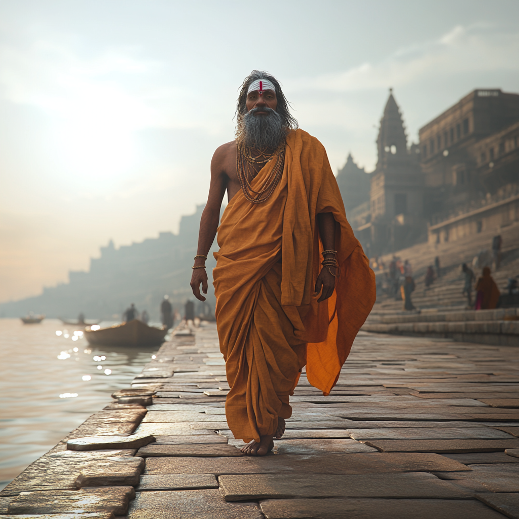 Colorful Indian Sadhu Walking Ganga