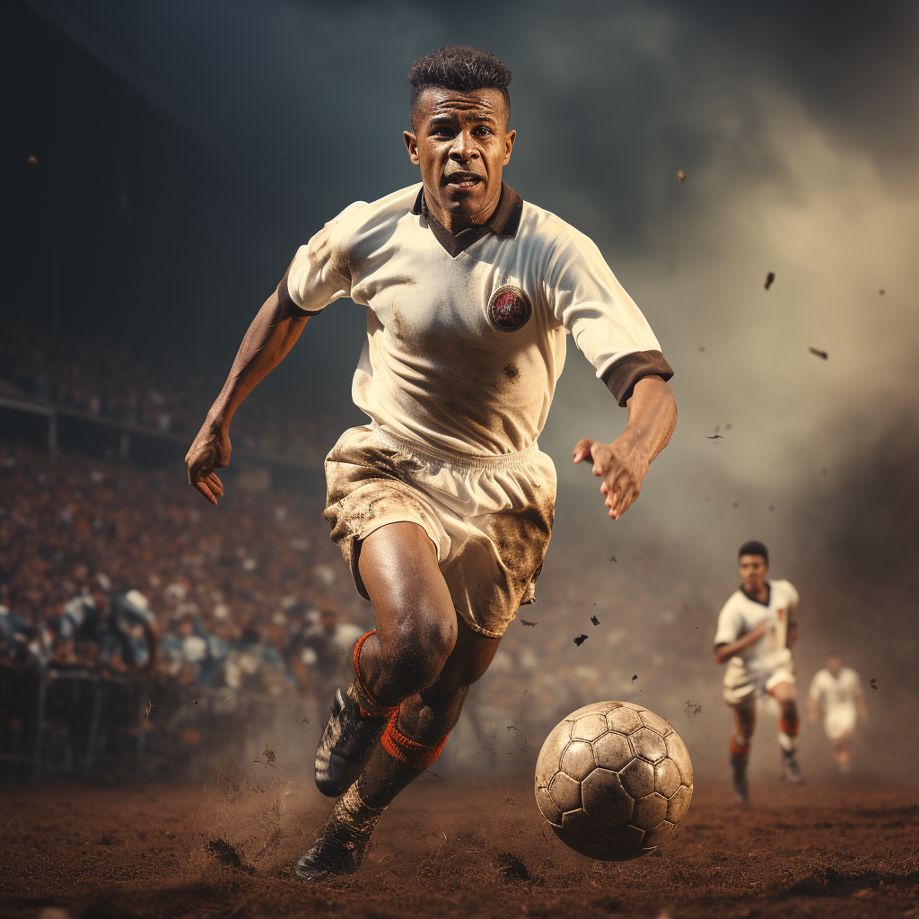 Indian soccer player kicking ball in epic retro poster