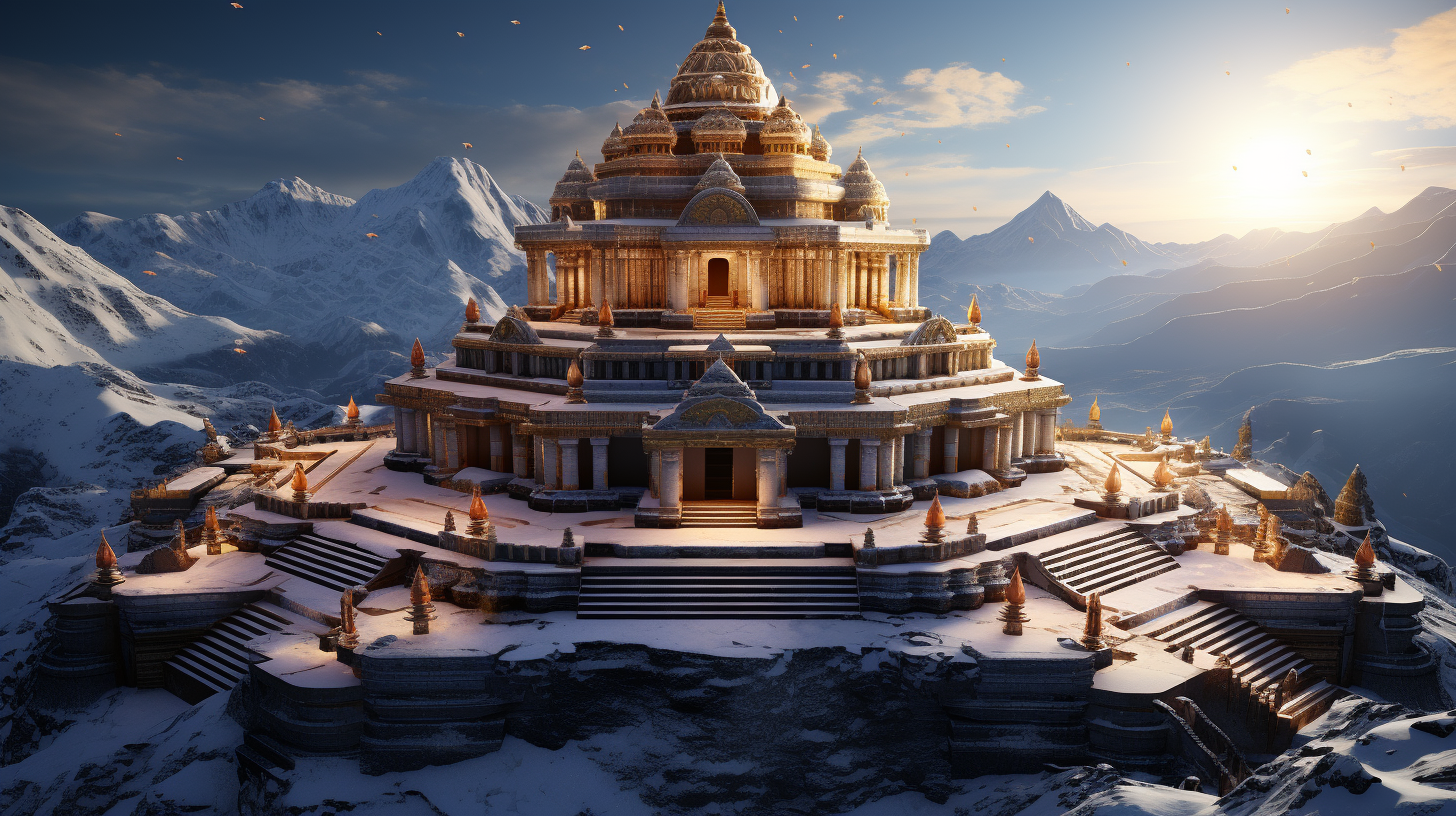 Fantasy illustration of a majestic Indian temple in the snow