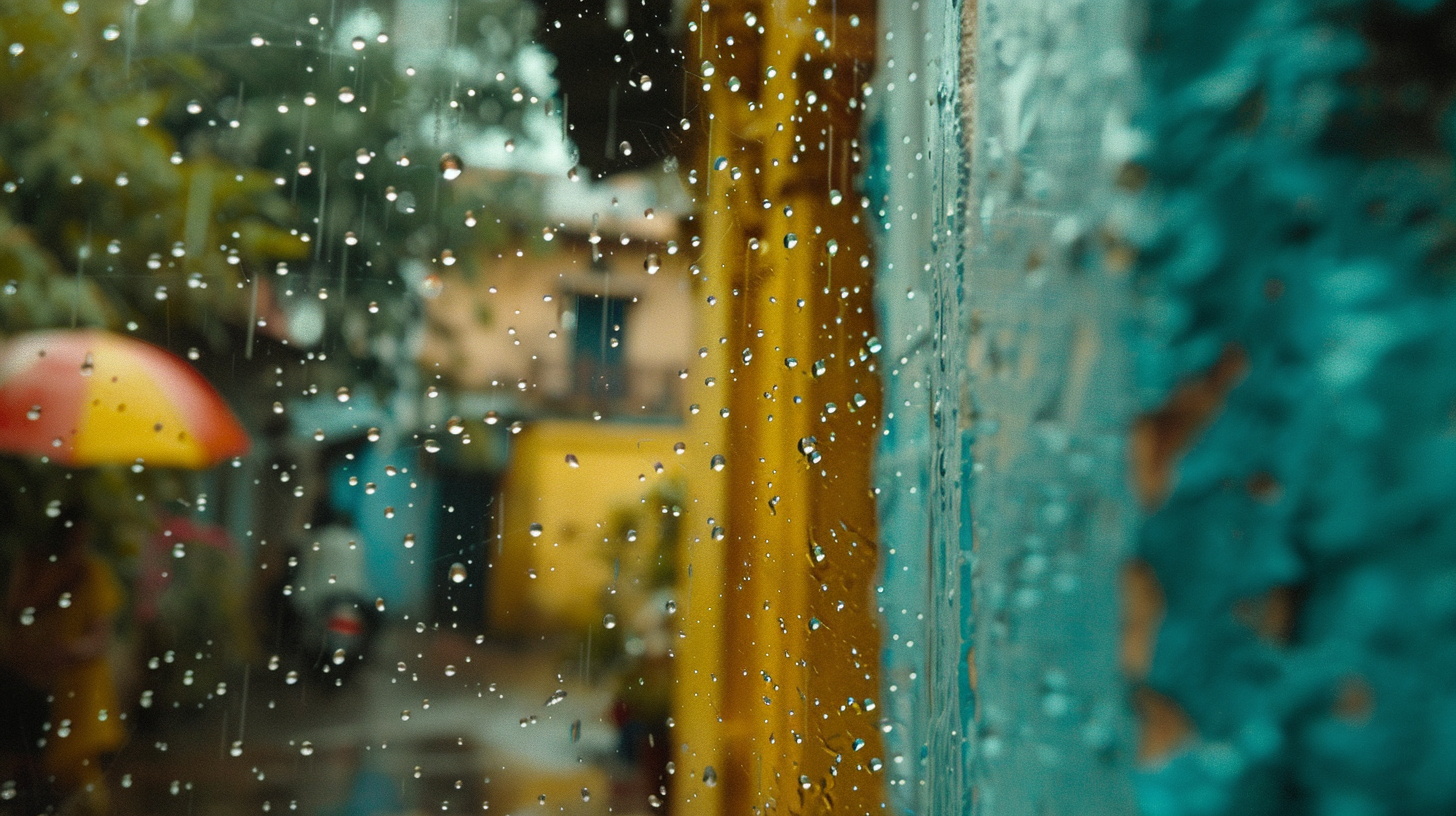 Raindrops window village colors serene