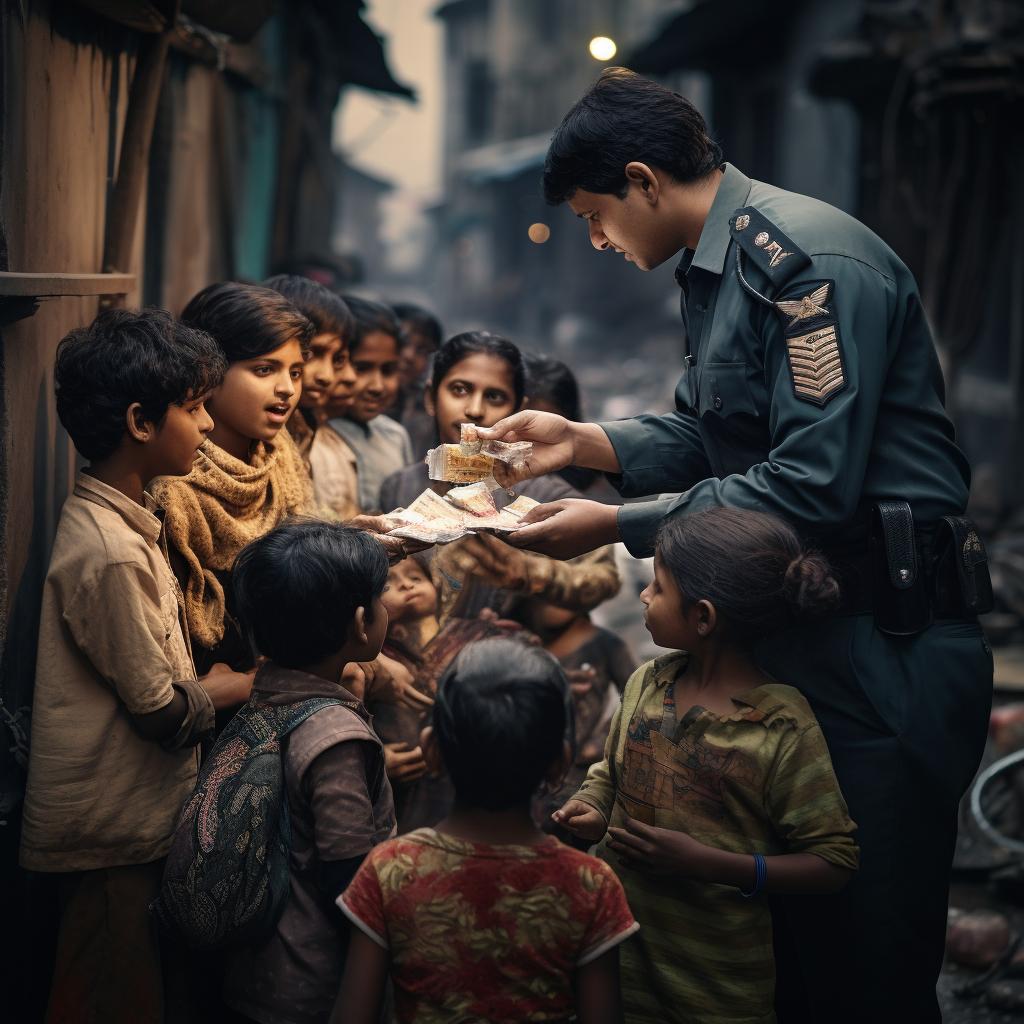 Indian volunteers feeding slum kids with packaged food.