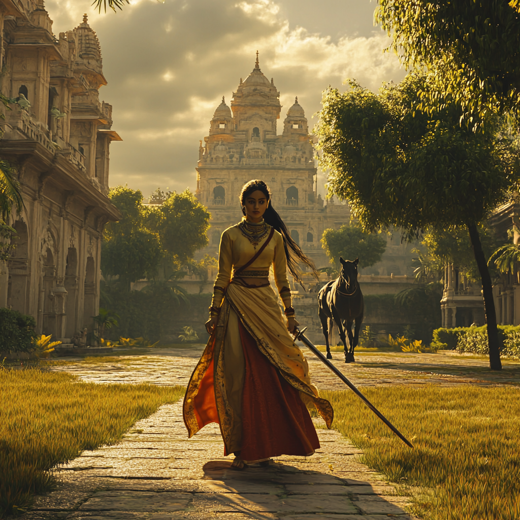 Indian warrior girl practicing swordsmanship