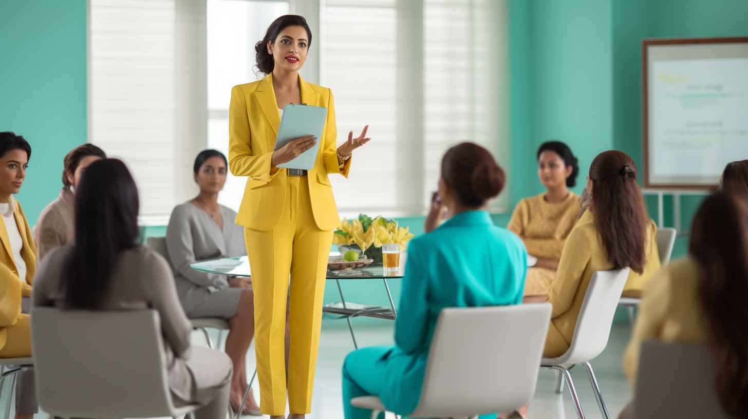 Indian woman CEOs presenting in teal suits