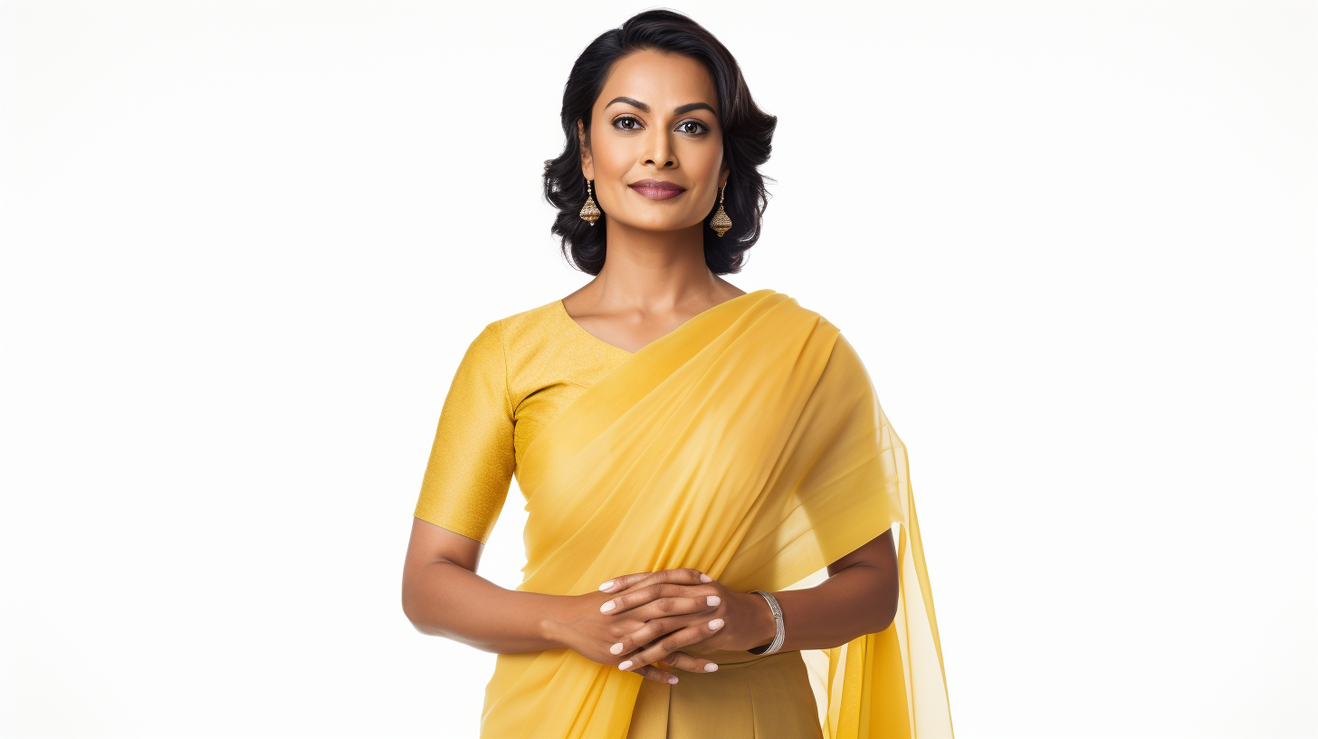 Indian woman CEO presenting in yellow business saree