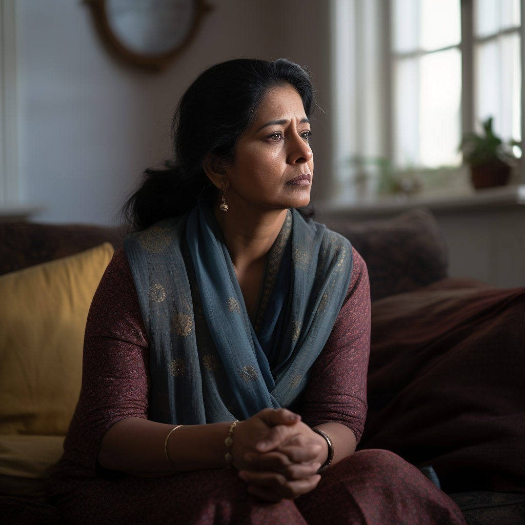 Depressed Indian woman thinking in living room