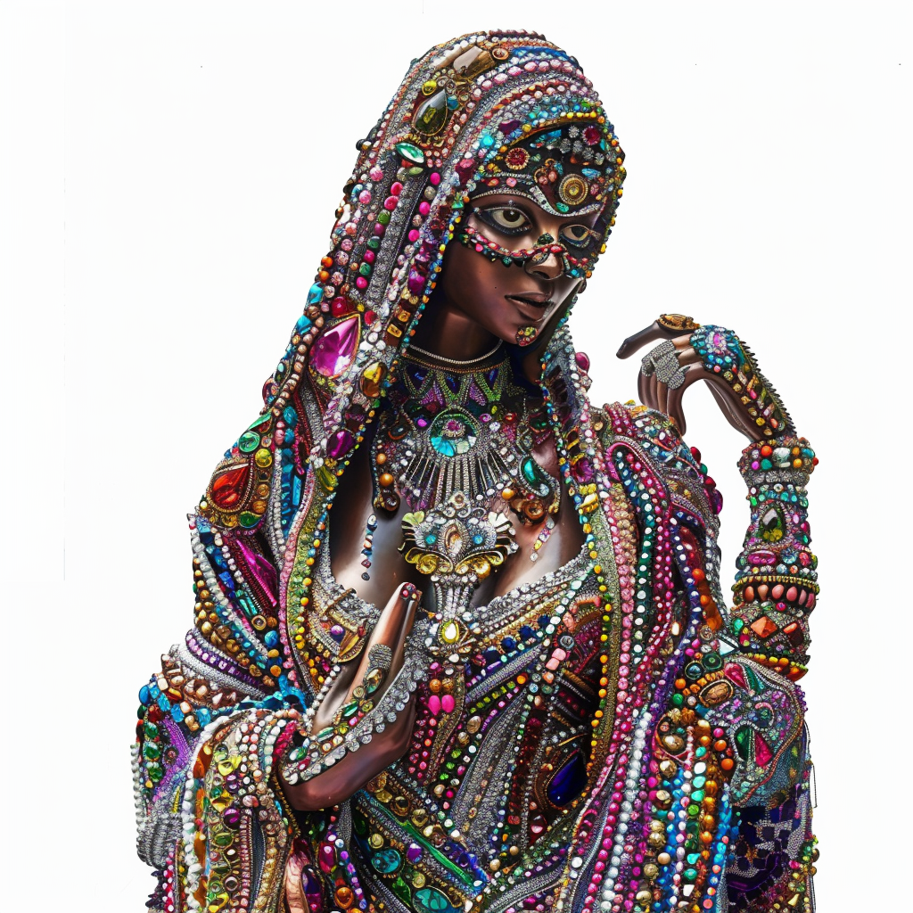 Indian woman covered in colorful gemstones