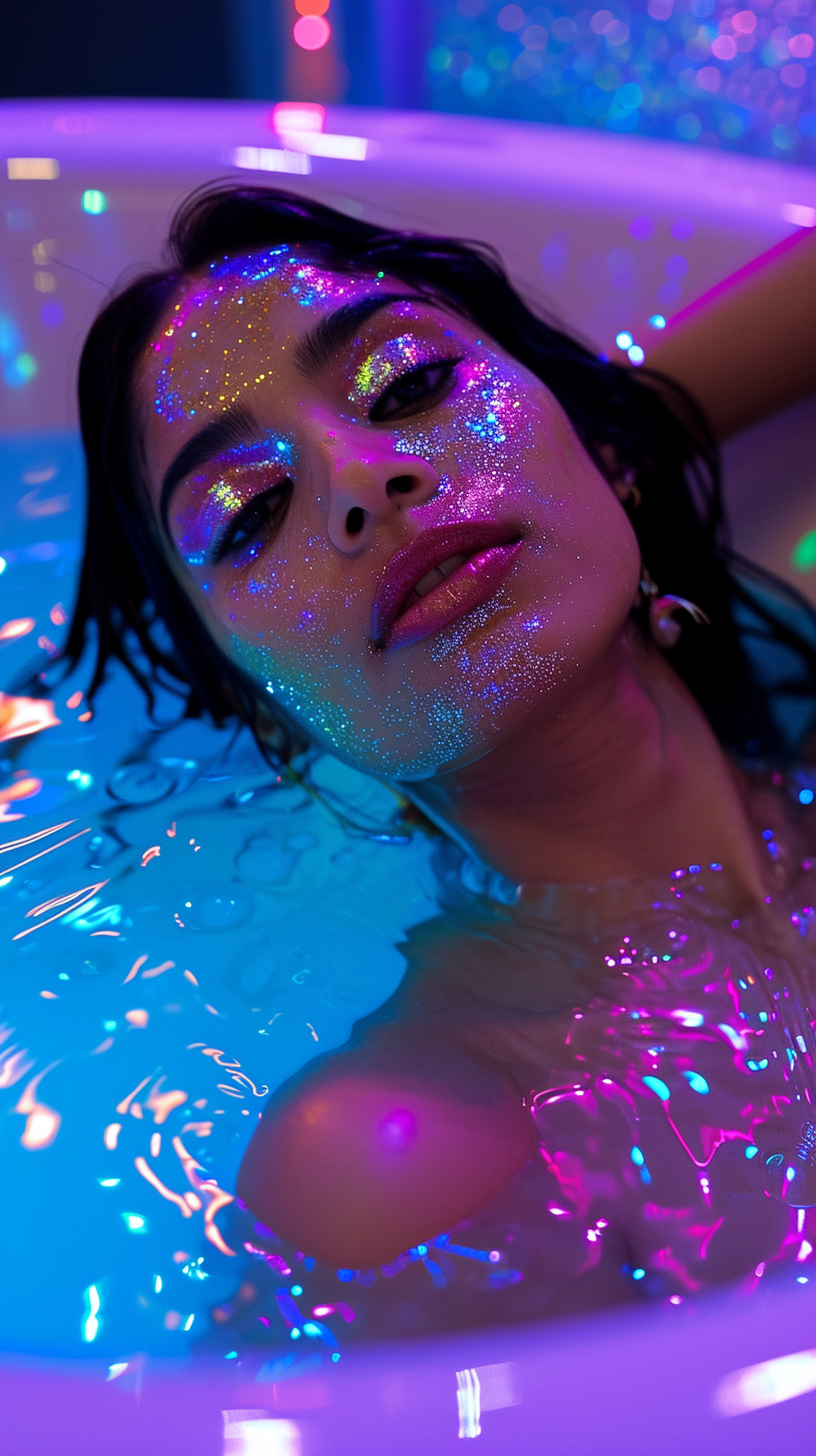 Indian Woman in Jacuzzi with Neon Lighting