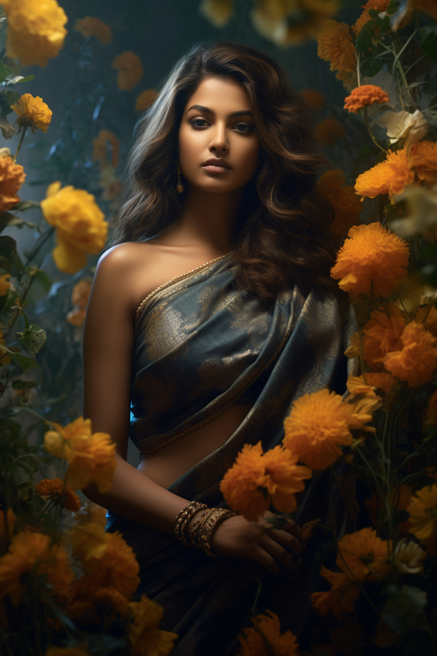 Indian woman in saree surrounded by flowers