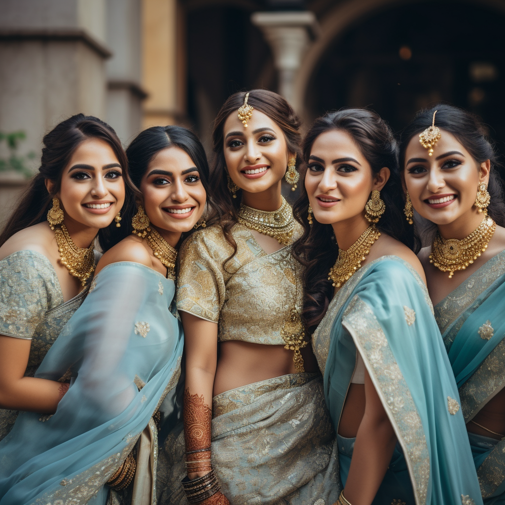 Group of Real Indian Bridesmaids in Blue Saris