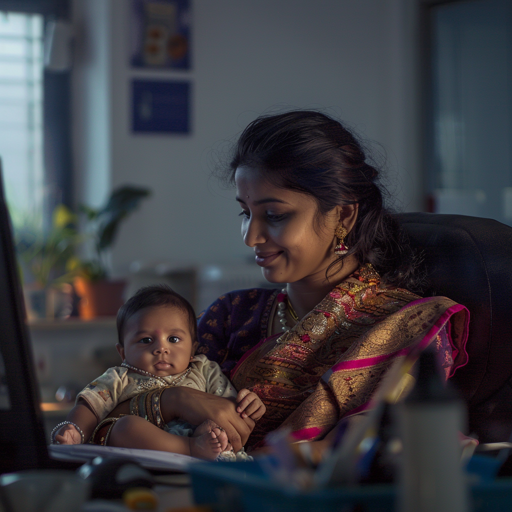 Indian working mother with baby office