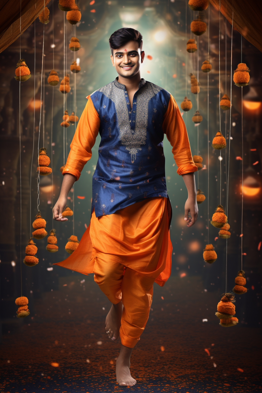 Happy Indian man in traditional kurta on Dussehra