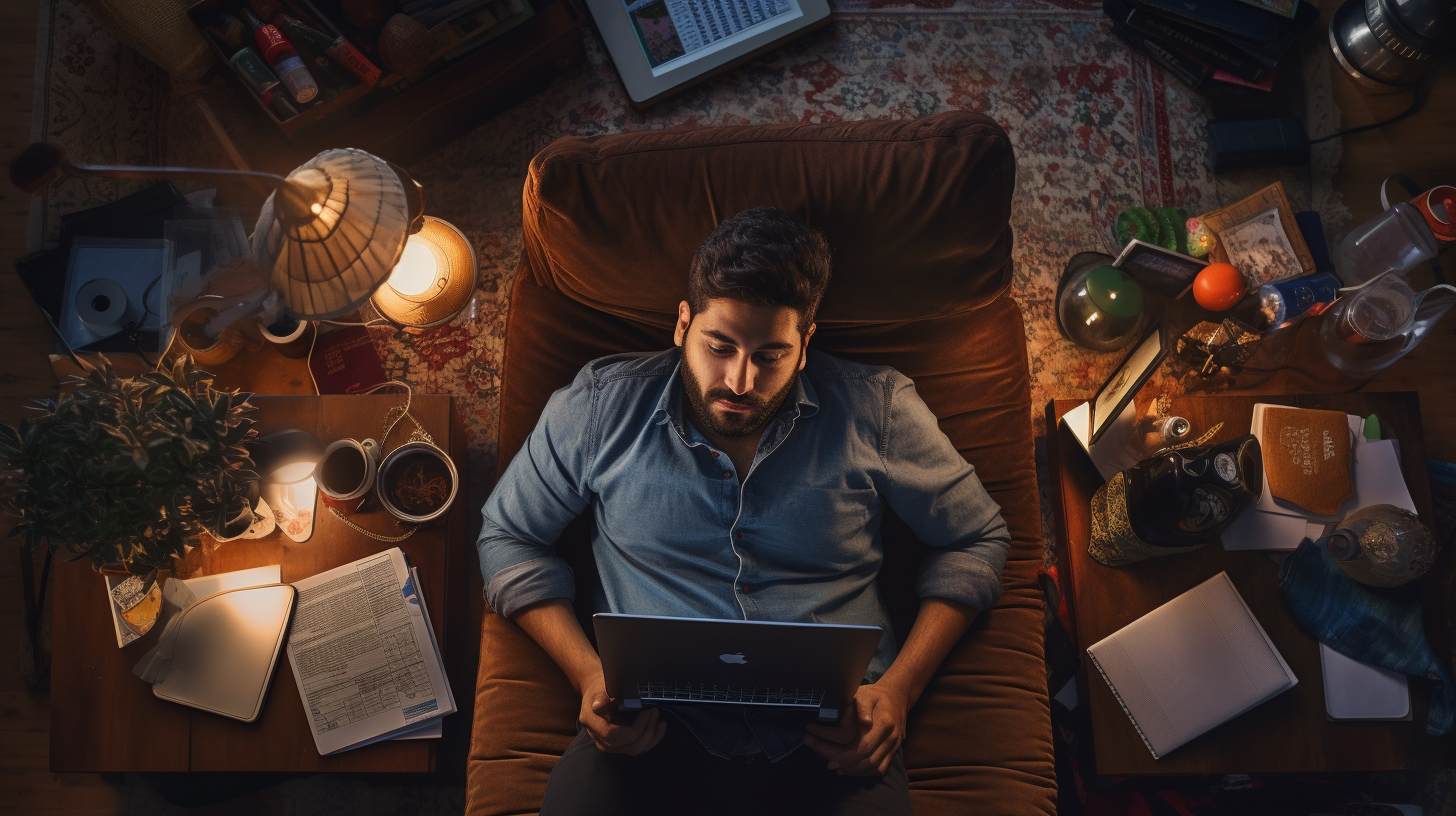 Focused Indian-American Man with Laptop and Work