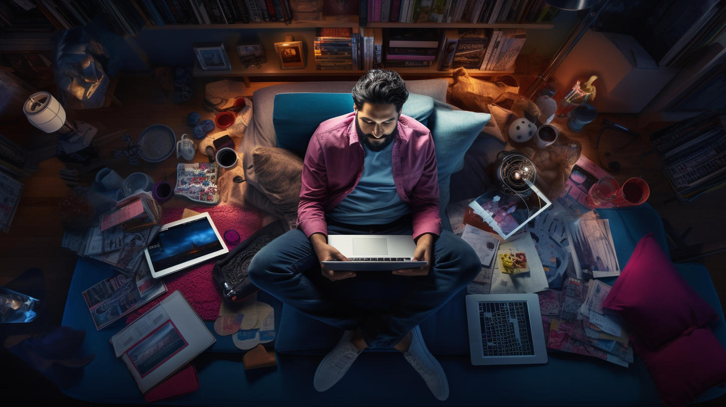 Busy focused Indian-American man on couch at night