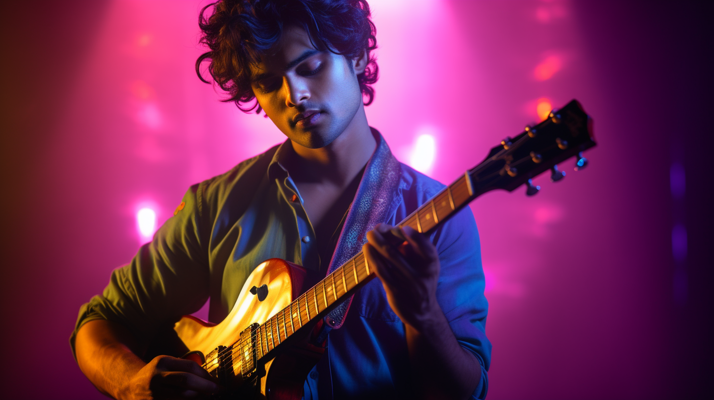 Close-up of Focused Indian-American Musician Playing Guitar