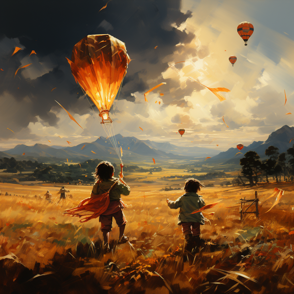 Indian children playing with kites in field