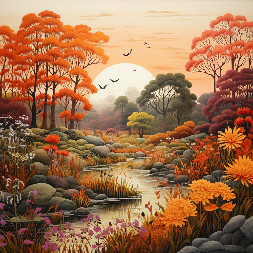 Vibrant Indian floral landscape and wildlife painting