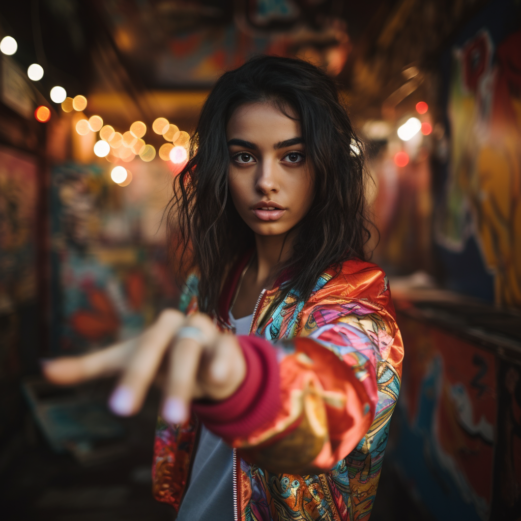 Indian girl in bomber jacket pointing forward.