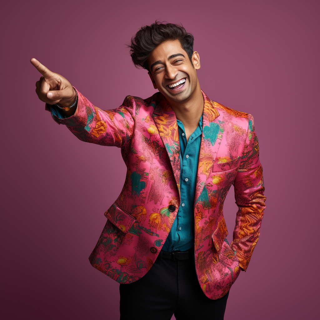 Indian model with vibrant jacket and smile