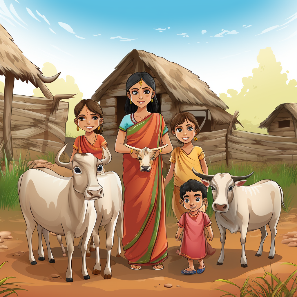 Indian mother and five children in front of cow barns